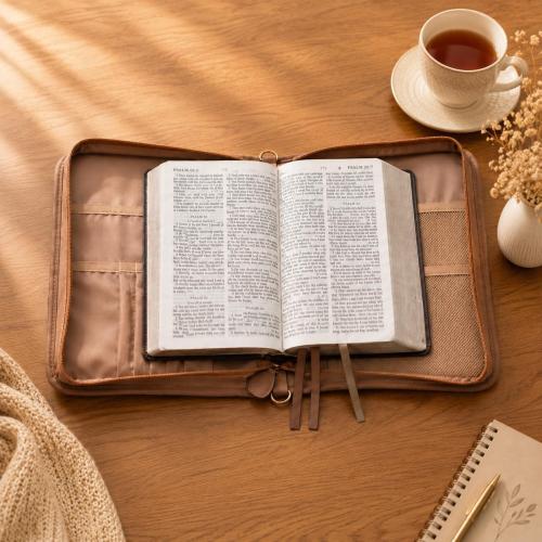 PU Leather Bible Cover, Men & Women, Cross Design & Pockets, Brown