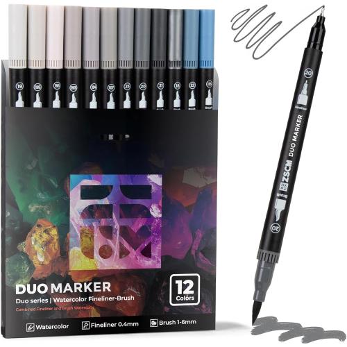 Gray Duo Tip Marker Pens, 12 Pack Fine & Brush Markers for Adult Coloring Books No Bleeding, Neutral Gray Markers for Shading, Urban Sketches, Architectural Drawings and Realistic Textures