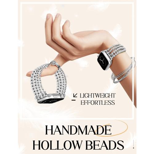 JR.DM Silver Beaded Bracelet Bands Women Compatible with Apple Watch 40mm 42mm(S10/11) 41mm 38mm Dressy Fancy Stretchy Elastic Jewelry Strap Replacement for iWatch Series 11/10/9/8/7/6/5/4/3/2/1/SE