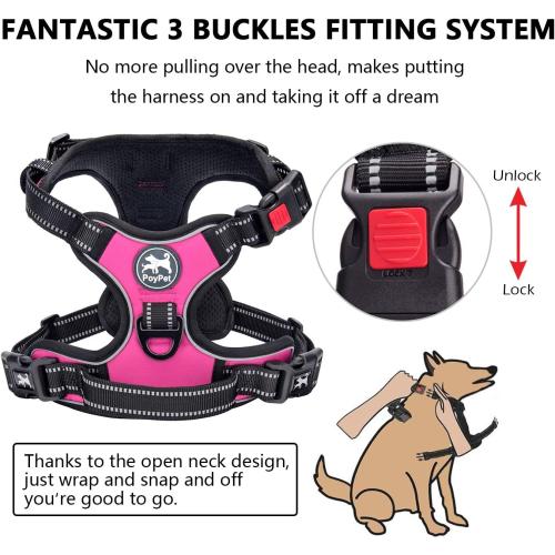 PoyPet No Pull Dog Harness, No Choke Front Lead Dog Reflective Harness, Adjustable Soft Padded Pet Vest with Easy Control Handle for Small to Large Dogs(Pink, Medium)