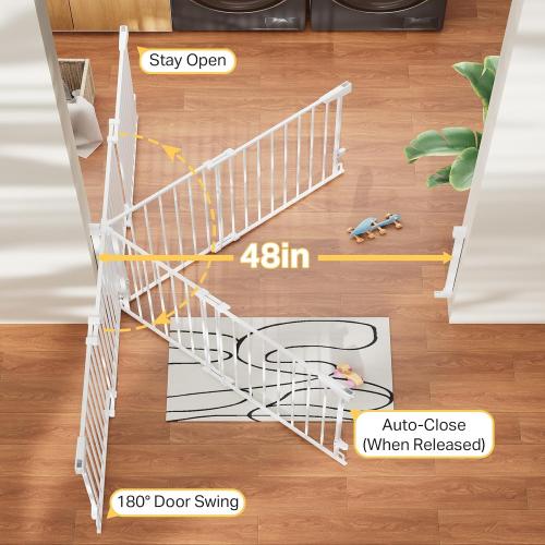 Cumbor Expandable 31.6-48 Baby Gate for Stairs, Hardware Mounted, 2-in-1 No Bottom Bar Dog Gate Indoor, Auto Close Pet Gate for Doorways with Large Walk Thru Door, Child-Proof Gate for Kids (White)