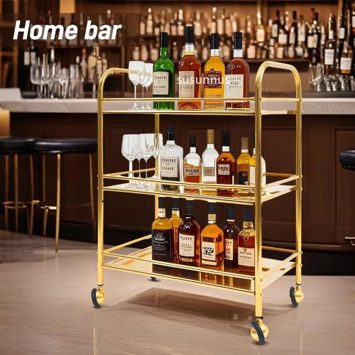 susunnus Bar Cart with Wheels,Stainless Steel Cart with Wheels 3 Tier,Metal Rolling Cart,Four-Dimensional Guardrail Design,Gold Finish,Movable,Suitable for Various Occasions,Dinner Party,Living Room