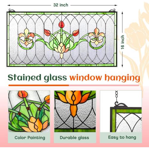 Maxdot 32x16 Stained Glass Transom Window Panel, Large Horizontal Tulips & Irises Handcrafted Hanging Decor with Chain, Vintage Home Decor & Ideal Gift for Art Enthusiasts