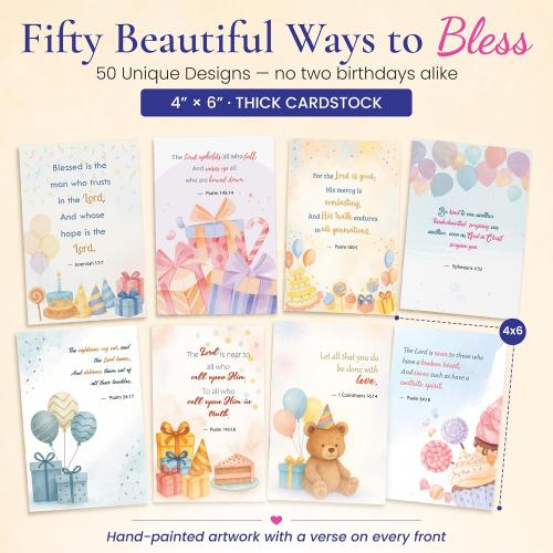 50 Unique Religious Birthday Cards with Envelopes - 4 x 6