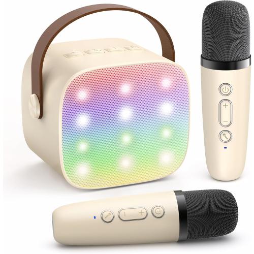 YLL Mini Karaoke Machine with 2 Wireless Microphones for Kids Adults, Portable Bluetooth Speaker Gift for Girls Toys 4, 5, 6, 7, 8, 10, 12  Years Old Teens Birthday(Beige)