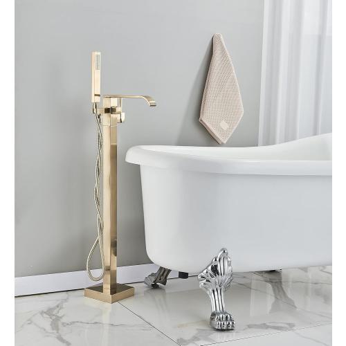 Freestanding Bathtub Faucet Brushed Gold Floor Mount Waterfall Tub Filler High Flow with Hand Shower Solid Brass 360 Degree Swivel Standing Mixer Taps for Bathroom