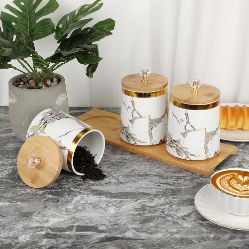 JUXYES Set of 3 Canisters Set for Sugar Coffee Tea with Airtight Lid, Ceramic Storage Containers Sets White Storage Pots with Tray Storage Jar Decorative Canisters Sets for for Kitchen Counter
