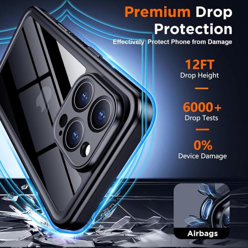 SPIDERCASE for iPhone 16 Pro Case Waterproof,Black/Clear | Built-in Lens & Screen Protector, Full Heavy Duty Protection, 12FT Military Shockproof, Dustproof, Anti-Scratched Case