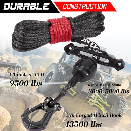 Synthetic Winch Rope-3/16 x 50ft 8,450LBS Winch Line with 4-7/8 Fairlead, Forged Winch Hook and Rubber Stopper, Protective Sleeve Synthetic Winch Cable for 4WD ATV UTV Offroad Vehicles Black