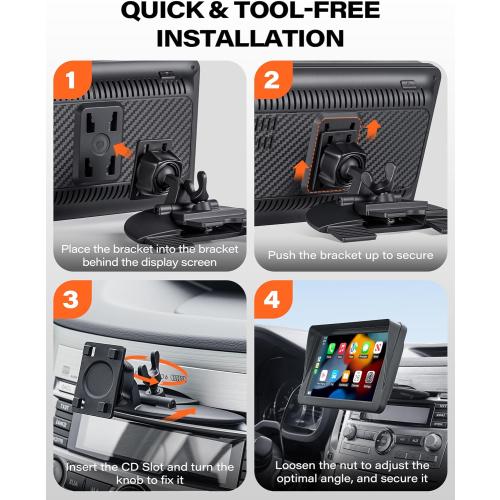 1Zero CD Slot Mount for CarPlay Screen, 360° Rotation Tool-Free Installation CarPlay CD Mount Compatible with 7-11 Inch Portable Car Play Screens & GPS Navigation
