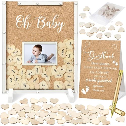 Thyle 65 Pcs Baby Shower Guest Book Alternative He or She Gender Reveal Baby Shower Favors Baby Shower Sign in Guest Book with 60 Wooden Hearts Baby Shower Picture Frame Birthday Decor(Kraft)