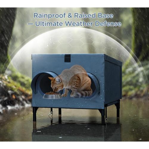 Outdoor Cat Feeding Shelter for Feral & Stray Cats, Insulated Dining Room with Slanted Roof & Double Feed Hole, Connects to PELUOMOZ Cat Houses, Windproof & Weatherproof – Navy Blue, 16×12×15.5