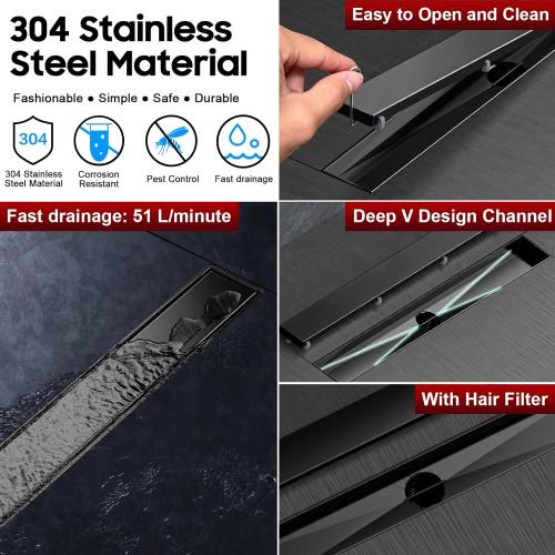 DLONE Linear Shower Drain | 24 AISI 304 Stainless Steel Shower Drain, Matte Black Linear Drain with Tile Insert Panel & Adjustable Feet, Long Rectangle Shower Floor Drain in Bathroom, Balcony, etc