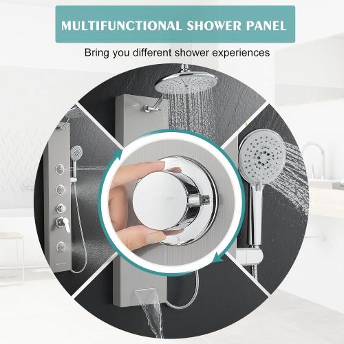 Shower Panel Tower System with Adjustable Shower Head, Self-Cleaning Shower Tower with 2-Setting Powerful Body Jets and 5-Function Handheld Shower, Shower Column Brushed Stainless Steel