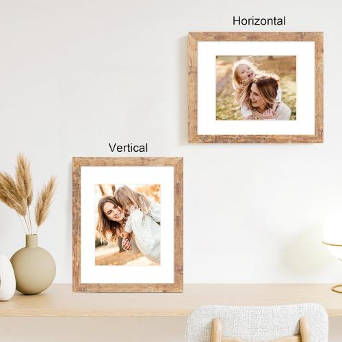 iRahmen 11x14 Picture Frame Set of 4 with Tempered Glass, Rustic Brown Frame Display 8x10 Pictures with Mat or 11 x 14 Without Mat, Wooden Photo Frames for Wall Mounting