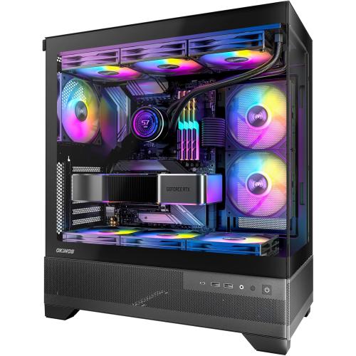 Okinos Aqua 7, Pre-Installed 6 × 120mm PWM ARGB Fan, ATX Mid Tower PC Case, Computer case with Panoramic View Tempered Glass Front & Side Panel, Type C Port, Gaming PC Case, Black