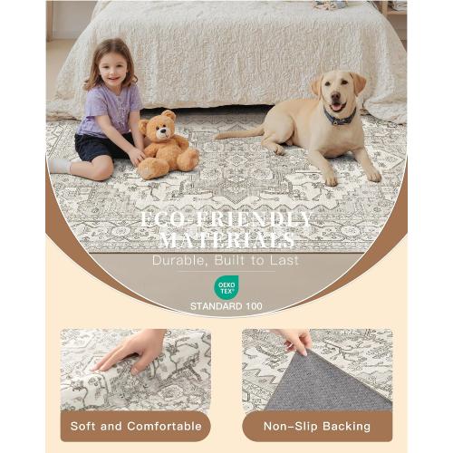 Madane Washable Area Rug 2x3 Small Entryway Rugs Non-Slip, Beige/Brown