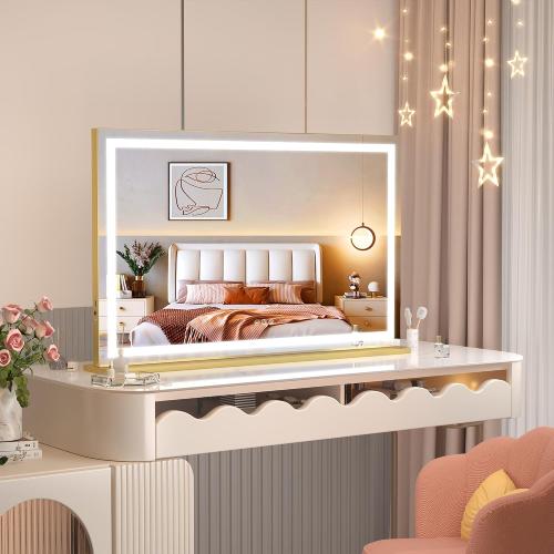 Hasipu Vanity Mirror with Lights, 23 x 18 LED Makeup Mirror, Lighted Makeup Mirror with Dimmable 3 Modes, Touch Screen Control Vanity Mirror Square Gold