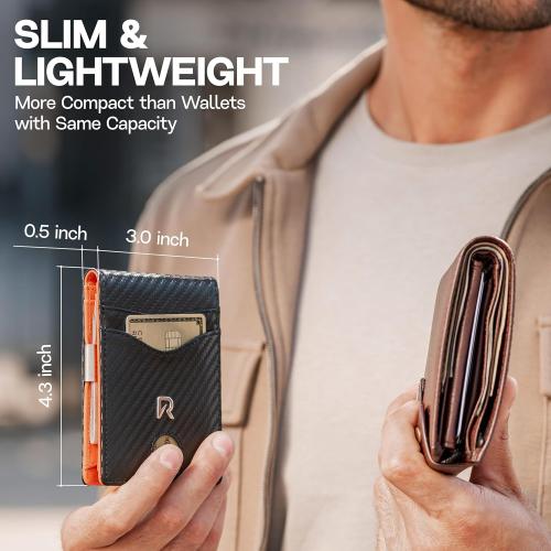 Slim Wallet for Men with Money Clip, Leather RFID Blocking Mens Wallet, Minimalist Credit Card Holder, Front Pocket Bifold - Gift Box Included (Money Clip, Carbon Orange)