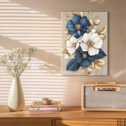 Modern Floral Canvas Wall Art Blue White Gold Flowers Wall Decor Pictures Flower Market Poster Prints for Living Room Bedroom Office Home Decoration 16x24in Ready to Hang