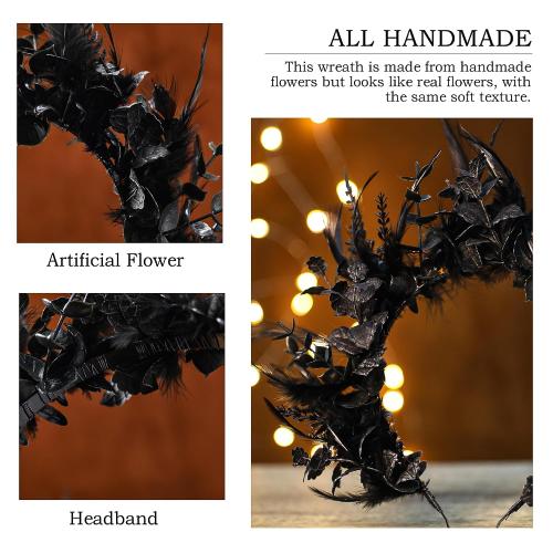 Color  Black Flower Halo Crown - Handmade Gothic Floral Headband with Feather for Women Witch Goth Wedding, Dark Halo Headband for Renaissance Cosplay Photo Shoot