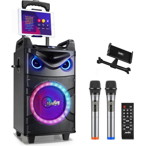Moukey Karaoke Machine, 10 Woofer Portable PA System, Bluetooth Speaker with 2 Wireless Microphones, Lyrics Display Tablet Holder, Party Lights & Echo/Treble/Bass Adjustment Support REC/AUX/USB/TF