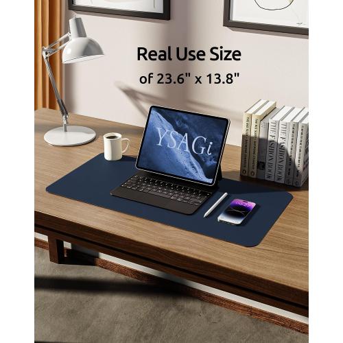 YSAGi Leather Desk Protector, Office Mat, Large Mouse Mat, Non-Slip PU Leather Blotter, Laptop Desk Mat, Waterproof Writing Pad for Office and Home (Dark Blue, 23.6 x 13.8)
