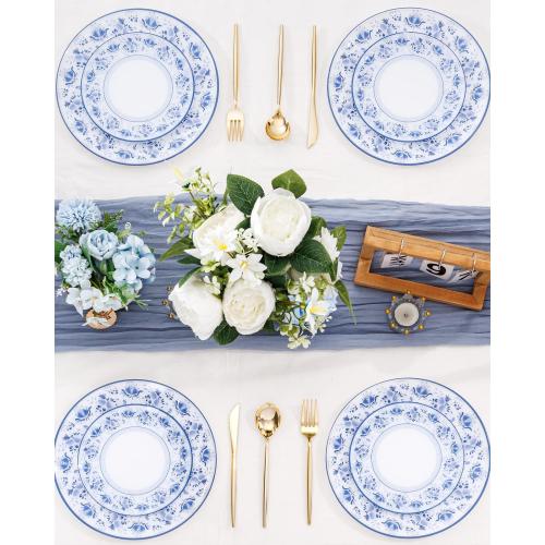 WONDERFUL 32pcs Blue Plastic Plates Blue and White Fancy Disposable Plates Floral Decorative Plate Disposable Heavy Duty for High-End Party Retro Decor