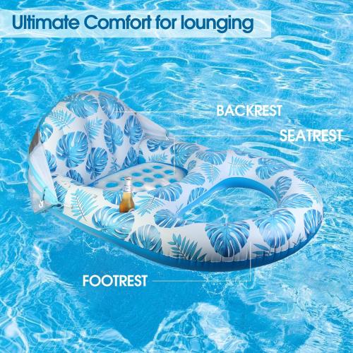 Pool Lounge Float with Canopy UPF50 ,Extra Large Pool Floats for Adults Heavy Duty,Inflatable Lounger Float with Cup Holder & Backrest,Footrest