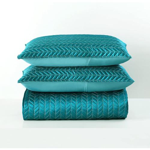 Whale Flotilla Silky Soft Satin Quilts Queen Size, Luxury Reversible Lightweight Bedspreads Covelets for All Seasons, Leaf Stitched Pattern Bedding Set with Satin Pillowcases, Turquoise