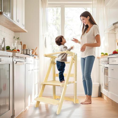 Foldable Toddler Learning Standing Tower, WOOD CITY Montessori Kitchen Step Stool Helper with 3 Adjustable Heights Learning Kitchen Tower for Counter and Bathroom Sink (Natural)