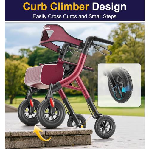 HOMLAND Foldable Rollator Walkers for Seniors with Seat, 10 All-Terrain Wheels & Curb Climber, 16.4 lb Lightweight Walker with Lockable Brakes, 300 lbs Capacity, Burgundy
