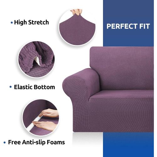 KEKUOU Stretch Sofa Cover Slipcover ，Couch Covers for 3 Cushion Couch Sofa pet Friendly (78-94) Furniture Protector Sofa with Elastic Bottom for Kids,Dog, Jacquard Small Checked(Large,Dark Purple)