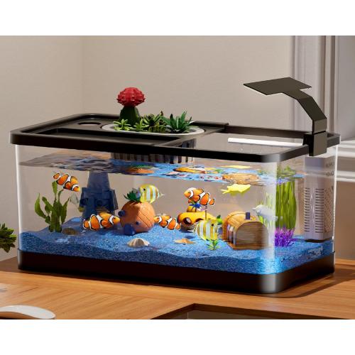 5.3 Gallon Fish Tank, 9 in 1 Betta Fish Tank, Aquarium with LED Full Spectrum 3 Color Light, 3 Modes Filter, Hydroponic Basket, Fishing Net, Shells, Aquatic Plant, Pebbles, Coral, Starter Kit (Black)