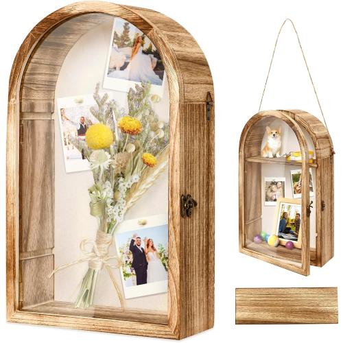 Dremisland Large Shadow Box Frame 10x16 Deep Shadow Boxes Display Case with Linen Back and Removable Shelves, Picture Frame Memory Box for Storage Wedding Bouquet, Keepsakes, Pet Memorial (Brown)