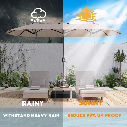 15ft Patio Umbrella with Base,Large Outdoor Double-Sided Rectangle Umbrella with Crank Handle, Market Umbrella for Poolside Garden Deck Backyard Beach Pools, Beige