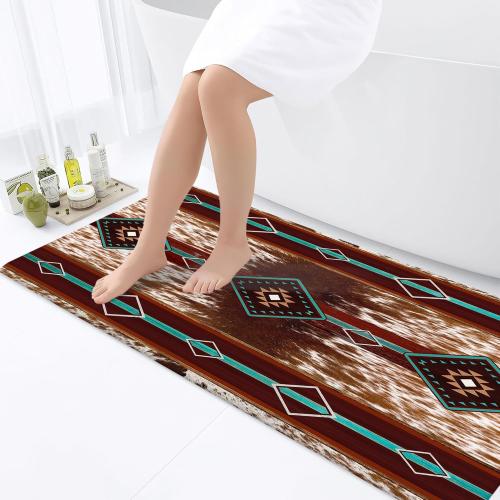 JAWO Western Aztec Bath Mat, Southwest Geometric Pattern Faux Cowhide Red Brown Bathroom Rug, Cow Print Non Slip Bathtub Mat Modern Art Bathroom Accessories Shower Mat Kitchen Rug (17X48)