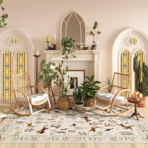 Living Room Rug 5x7 Rug Machine Washable Boho Area Rug Non Slip Floral Animal Vintage Low Pile Large Rugs for Living Room, Bedroom, Farmhouse, Dining Room, Kids Playroom (Beige)