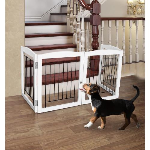 ZJSF Freestanding Foldable Dog Gate - Extra Wide White Puppy Gate for Stairs & Doorways - Tall 4 Panels Wooden Pet Fence