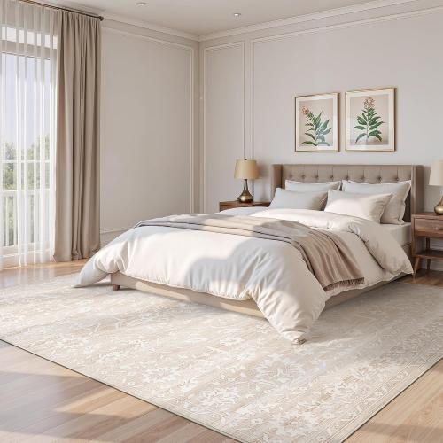Size 8x10 Color White Area Rugs for Living Room, Stain Resistant Washable Rugs for Dining Room, Kitchen, Floral Vintage Non-Slip Thin Large Beige Rug