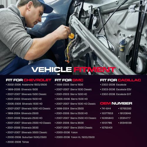 Front Driver Side Power Window Regulator with Motor (2 Pins) Fit for 2001-2006 Chevrolet Silverado 1500 3500, Avalanche Suburban GMC Sierra 1500 2500 3500 Yukon XL Cadillac Escalade, 741-644