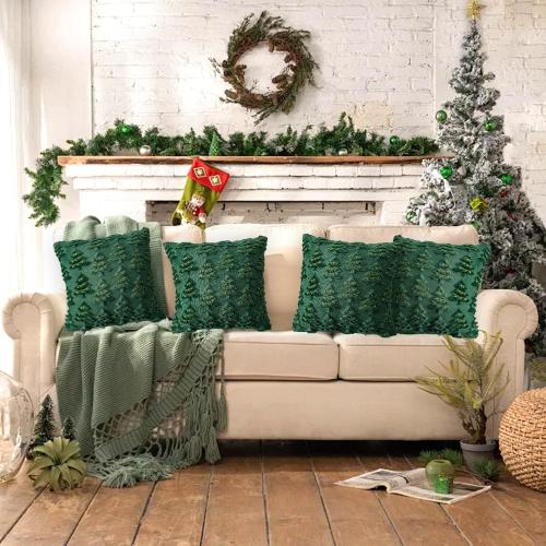 4 Pcs Christmas Throw Pillow Covers 18x18, Soft Faux Fur Pillow Cases Holiday Decorations, Fluffy Plush Accent Couch Cushion Case for Festivals Winter Sofa Living Room Home Decor(Green Tree)