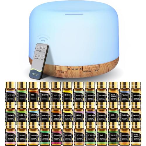 Set of 36 Size 36x5ML SACATR Essential Oil Diffusers for Home with 36 Oil Diffuser Sets, 500ml Aroma Diffuser for Essential Oils Large Room, Ultrasonic Cool Mist Diffuser Auto Shut-Off 4 Timers 15 Colors (36x5mL)