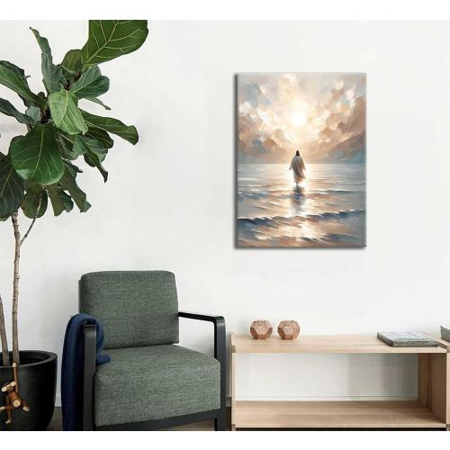 Jesus Walking on Water Canvas Wall Art Jesus Christian Posters Prints Sacred God Walking on Ocean Beach Painting Pictures for Living Room Bedroom Bathroom Office Wall Decor Framed
