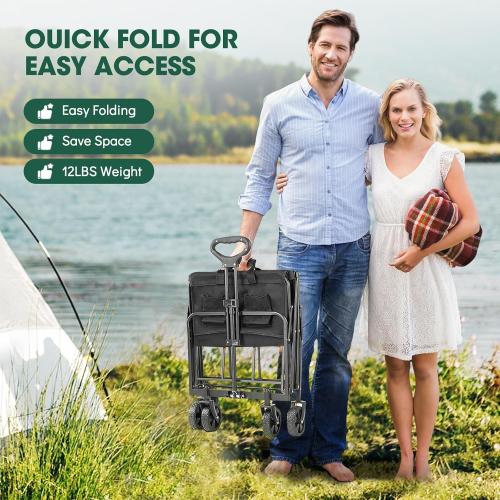 Collapsible Wagon with Wheels, 370lbs Weight Capacity Foldable Beach Wagon with Flexible Handle Portable Utility Wagon Cart for Outdoor, Grocery, Garden, Camping
