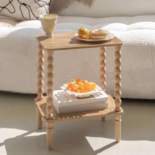 Small End Table, Couch Side Table with 2-Tier Storage Shelf, Wood Coffee Table for Bedroom, Living Room, Small Spaces (Rustic Walnut)