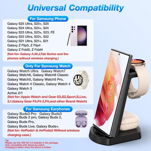 Wireless Charging Station for Samsung/Android, Fast Wireless Watch Charger Station Compatible for Samsung Galaxy S25 Ultra/S24/S23 /Z Flip 6/5 Fold 6/5, Watch7/6/Pro/Active 2 Galaxy Buds3/2 Pro(Dark)