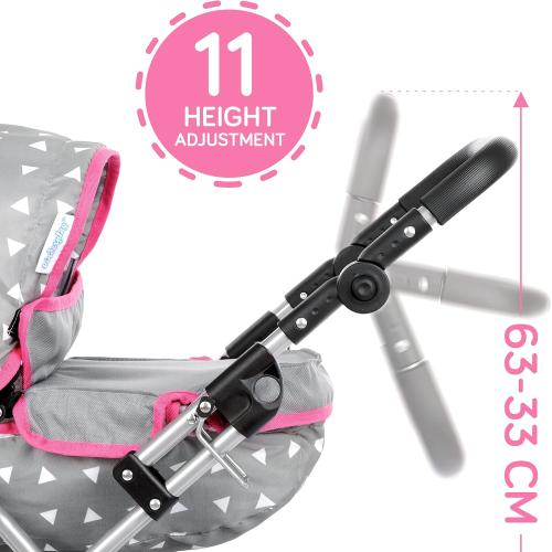 Adjustable Baby Doll Stroller Toy with Foldable Hood | Lightweight Design for Dolls Up to 18 inches | Quiet Foam Wheels, Machine-Washable Bassinet Pram, Indoor and Outdoor Play, Model KP0262S