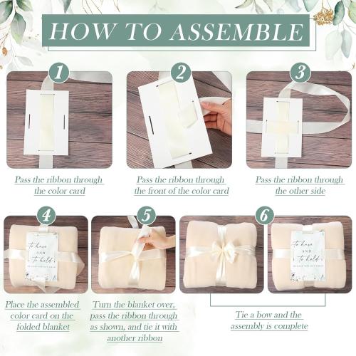 Buryeah 48 Pack Oeko-Tex Certified Wedding Flannel Throw Blanket Bulk 50 x 60 Inch Soft Fleece Lap Blanket with Thank You Cards Ribbon for Guests Sleepover Spa Slumber Gifts (Beige)