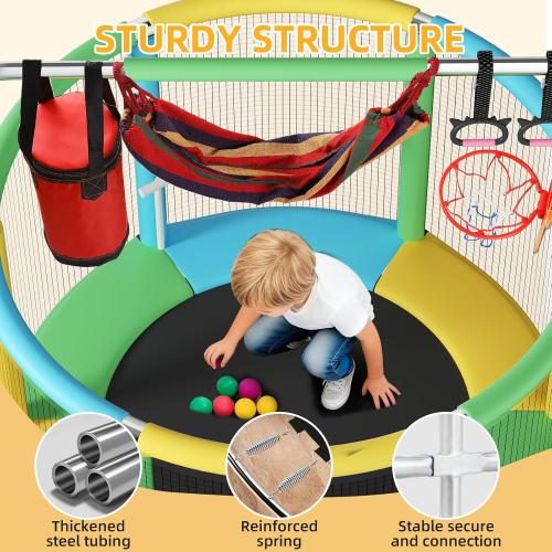 55 Trampoline for Kids,Up to 440 Ibs Mini Trampoline with Anti-Rollover Round Bottom,Indoor & Outdoor Toddler Trampoline with Safety Enclosure,Adjustable Gymnastics Bars,Basketball Hoop